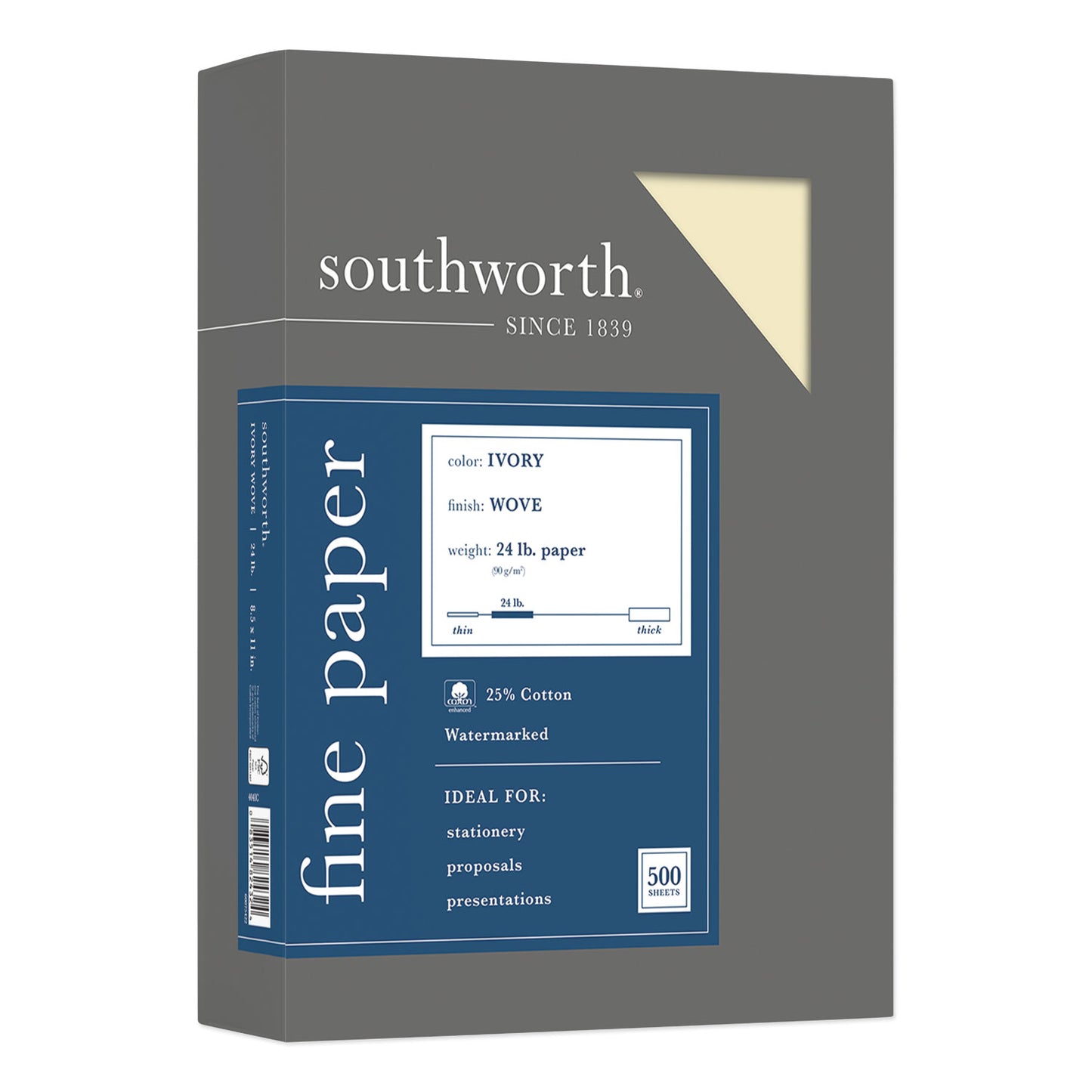 Southworth 25% Cotton Business Paper, 95 Bright, 24 lb Bond Weight, 8.5 x 11, Ivory, 500 Sheets/Ream (404IC)