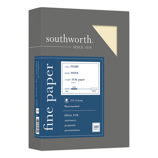 Southworth 25% Cotton Business Paper, 95 Bright, 24 lb Bond Weight, 8.5 x 11, Ivory, 500 Sheets/Ream (404IC)