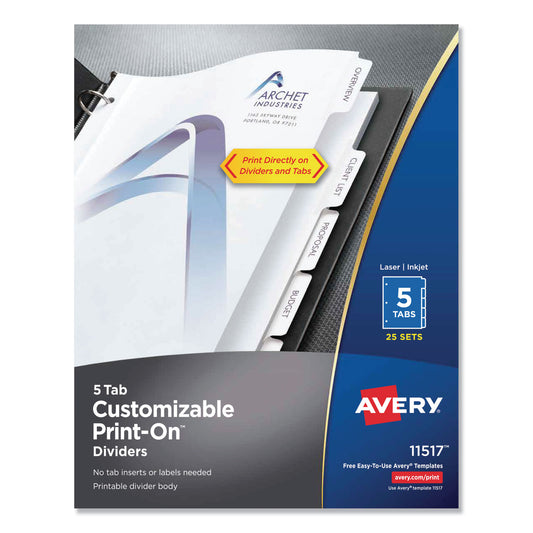 Avery Customizable Print-On Dividers, 3-Hole Punched, 5-Tab, 11 x 8.5, White, 25 Sets (11517)