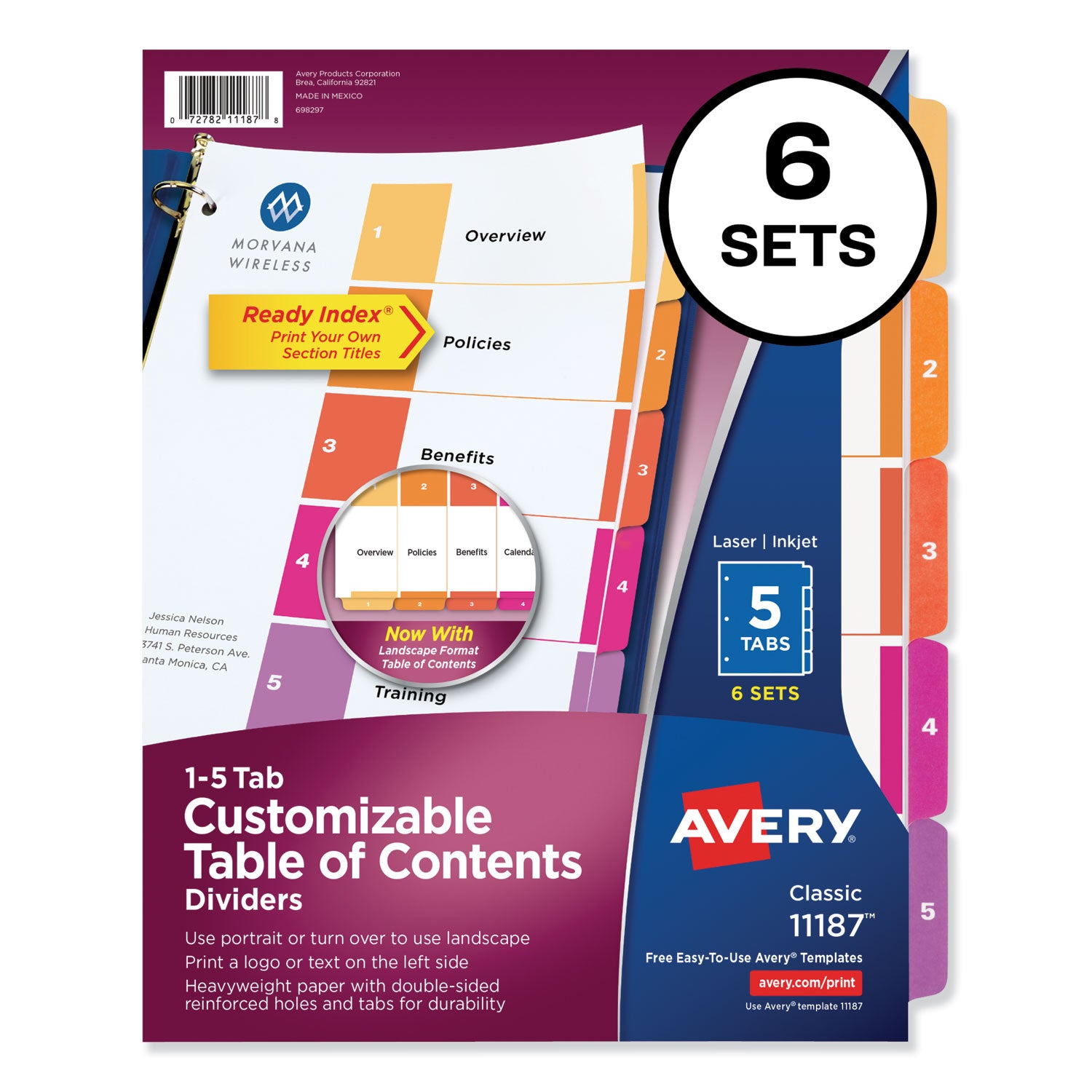 Avery Customizable TOC Ready Index Multicolor Tab Dividers, 5-Tab, 1 to 5, 11 x 8.5, White, Traditional Color Tabs, 6 Sets (11187)