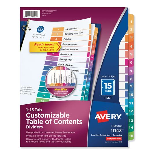 Avery Customizable TOC Ready Index Multicolor Tab Dividers, 15-Tab, 1 to 15, 11 x 8.5, White, Traditional Color Tabs, 1 Set (11143)