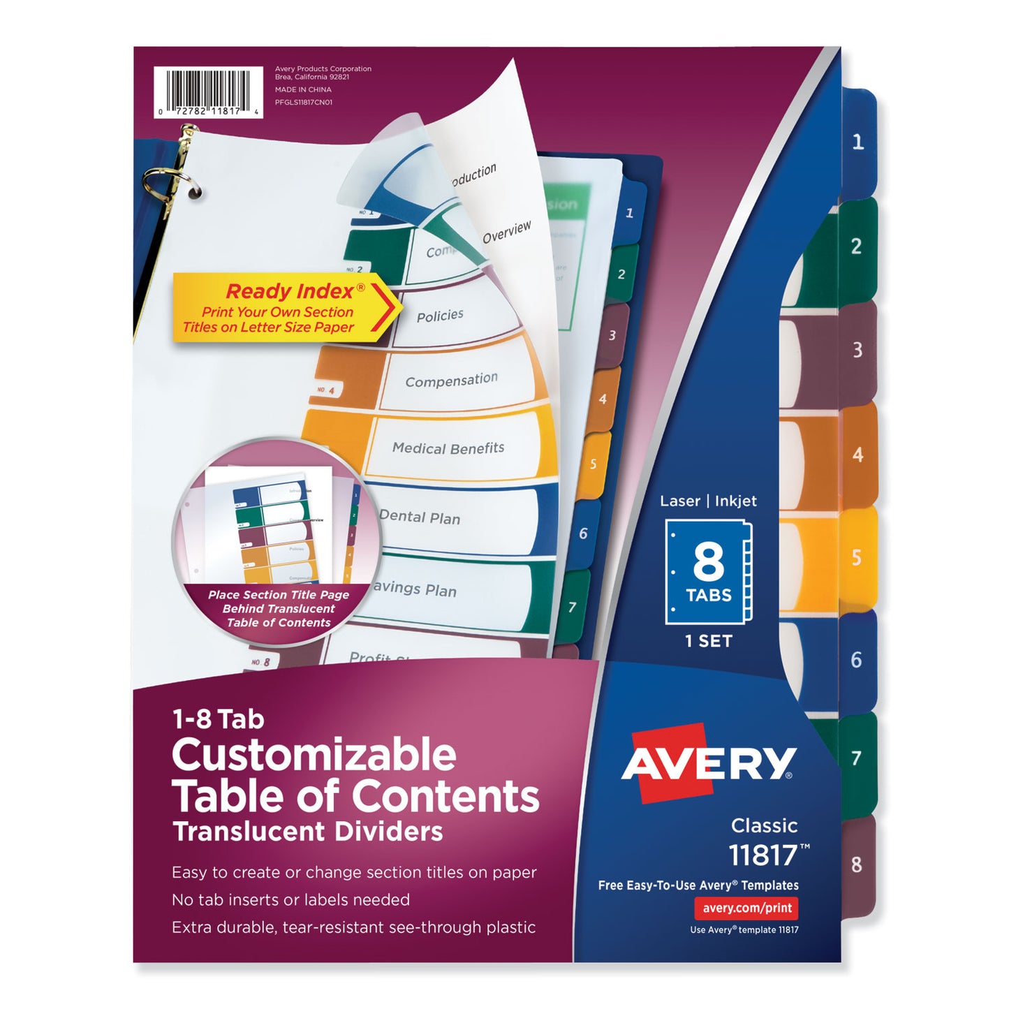 Avery Customizable Table of Contents Ready Index Dividers with Multicolor Tabs, 8-Tab, 1 to 8, 11 x 8.5, Translucent, 1 Set (11817)