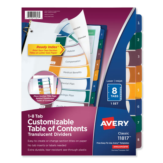 Avery Customizable Table of Contents Ready Index Dividers with Multicolor Tabs, 8-Tab, 1 to 8, 11 x 8.5, Translucent, 1 Set (11817)