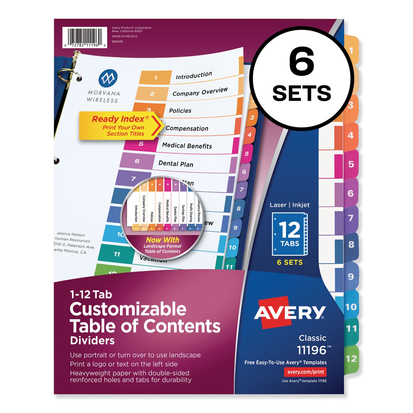 Avery Customizable TOC Ready Index Multicolor Tab Dividers, 12-Tab, 1 to 12, 11 x 8.5, White, Traditional Color Tabs, 6 Sets (11196)