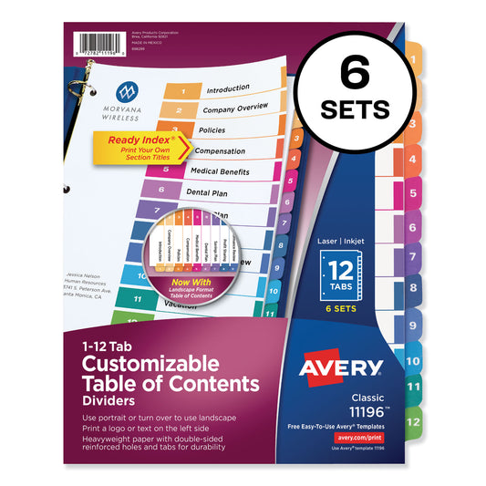 Avery Customizable TOC Ready Index Multicolor Tab Dividers, 12-Tab, 1 to 12, 11 x 8.5, White, Traditional Color Tabs, 6 Sets (11196)