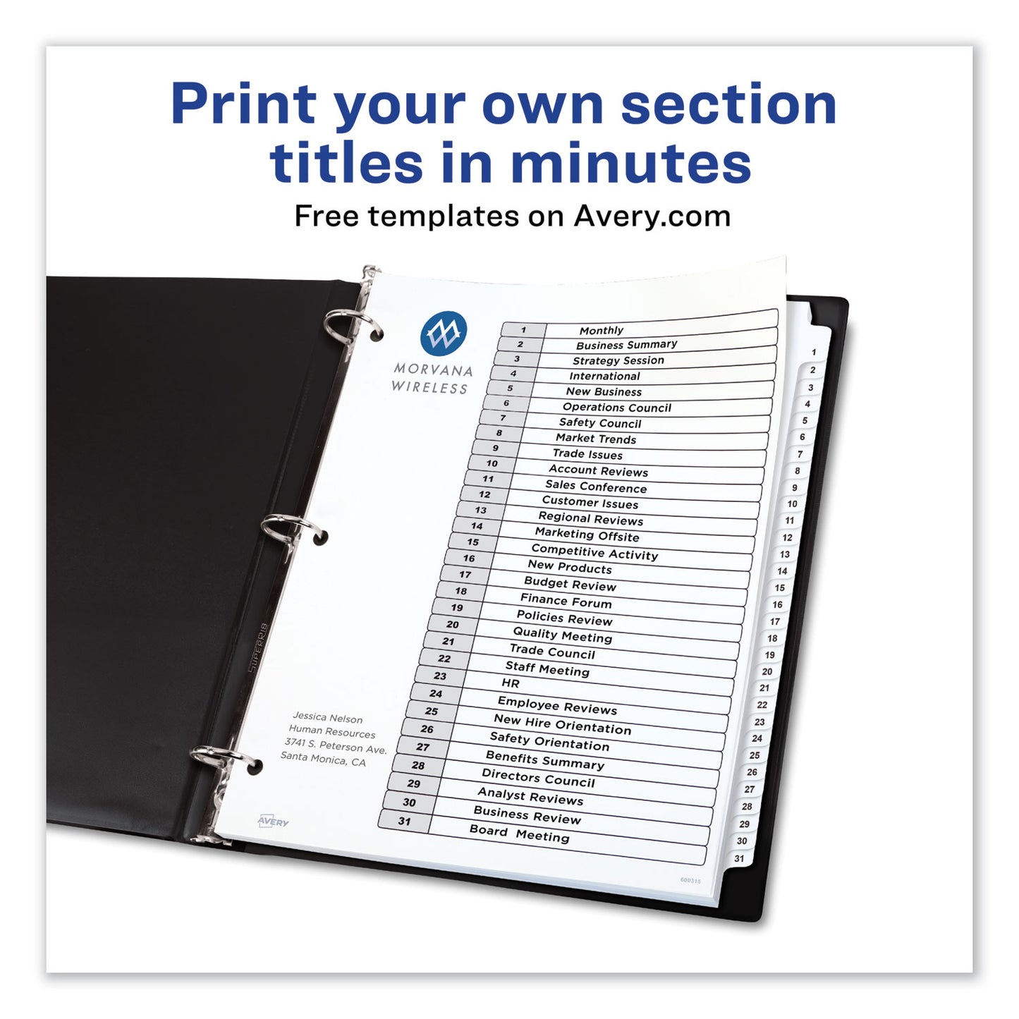 Avery Customizable TOC Ready Index Black and White Dividers, 31-Tab, 1 to 31, 11 x 8.5, 1 Set (11128)
