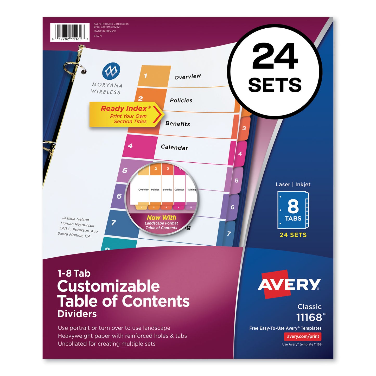Avery Customizable TOC Ready Index Multicolor Tab Dividers, Uncollated, 8-Tab, 1 to 8, 11 x 8.5, White, 24 Sets (11168)
