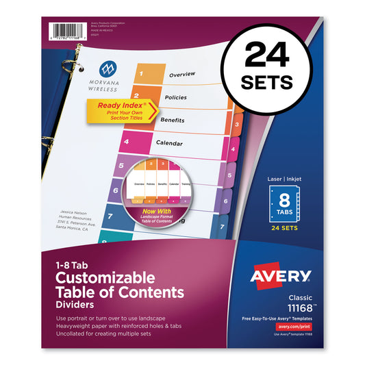 Avery Customizable TOC Ready Index Multicolor Tab Dividers, Uncollated, 8-Tab, 1 to 8, 11 x 8.5, White, 24 Sets (11168)
