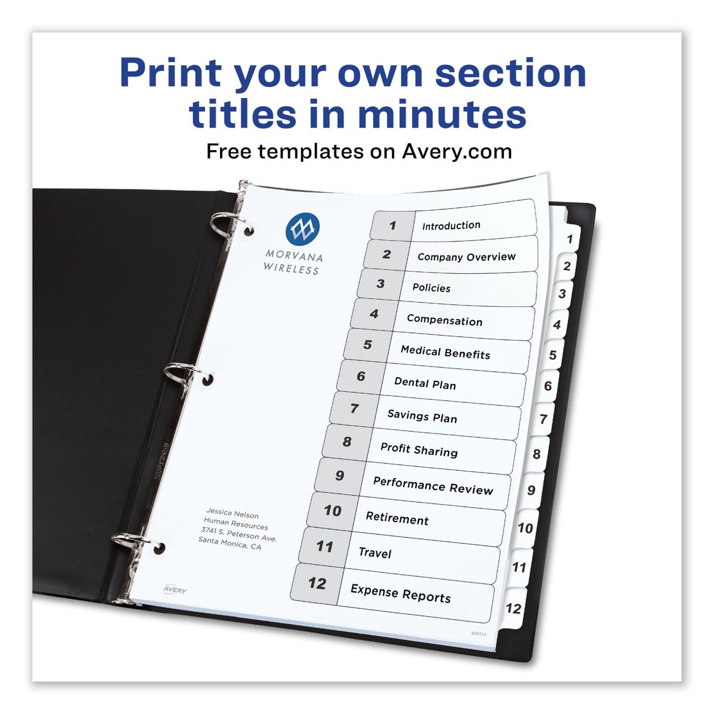 Avery Customizable TOC Ready Index Black and White Dividers, 12-Tab, 1 to 12, 11 x 8.5, 1 Set (11140)