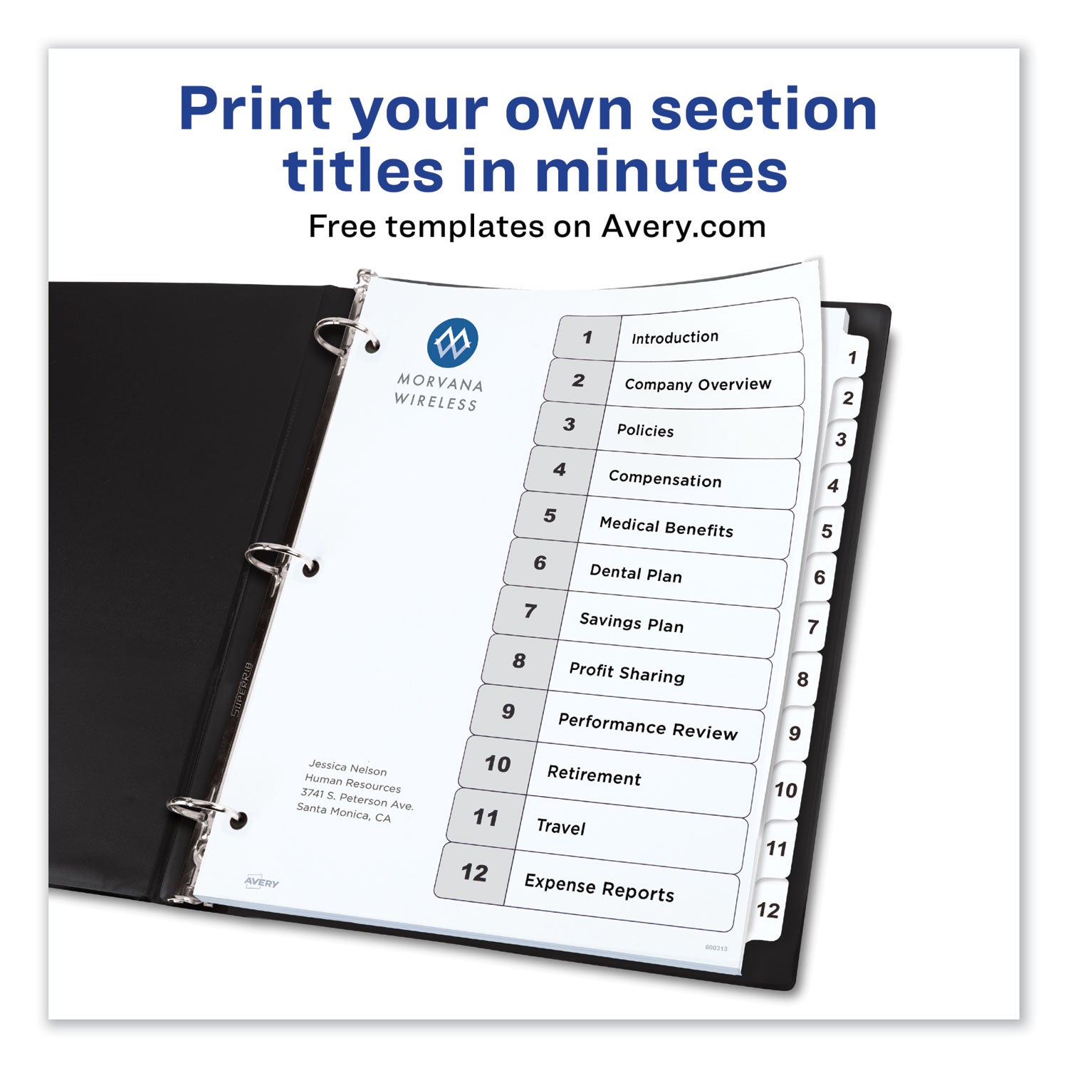 Avery Customizable TOC Ready Index Black and White Dividers, 12-Tab, 1 to 12, 11 x 8.5, 1 Set (11140)
