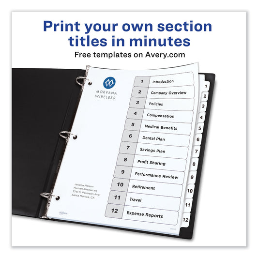 Avery Customizable TOC Ready Index Black and White Dividers, 12-Tab, 1 to 12, 11 x 8.5, 1 Set (11140)