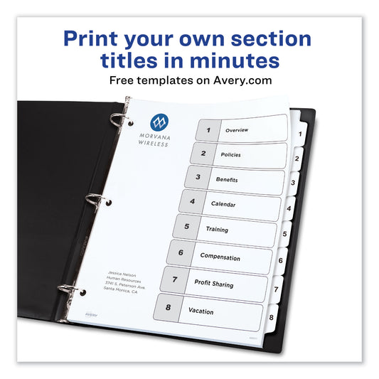 Avery Customizable TOC Ready Index Black and White Dividers, 8-Tab, 1 to 8, 11 x 8.5, 1 Set (11132)