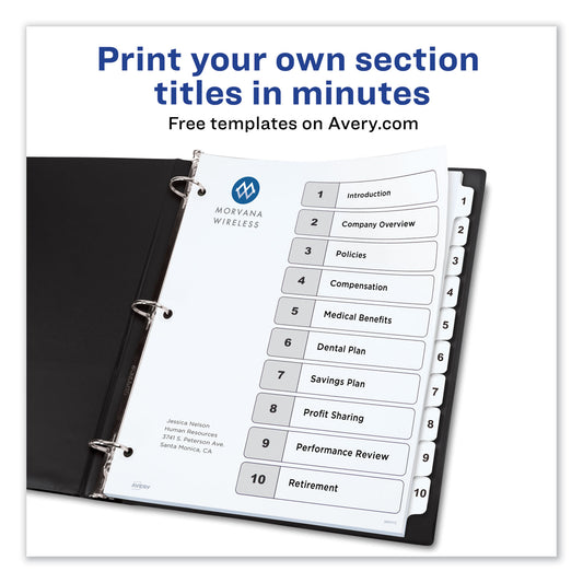 Avery Customizable TOC Ready Index Black and White Dividers, 10-Tab, 1 to 10, 11 x 8.5, 1 Set (11134)