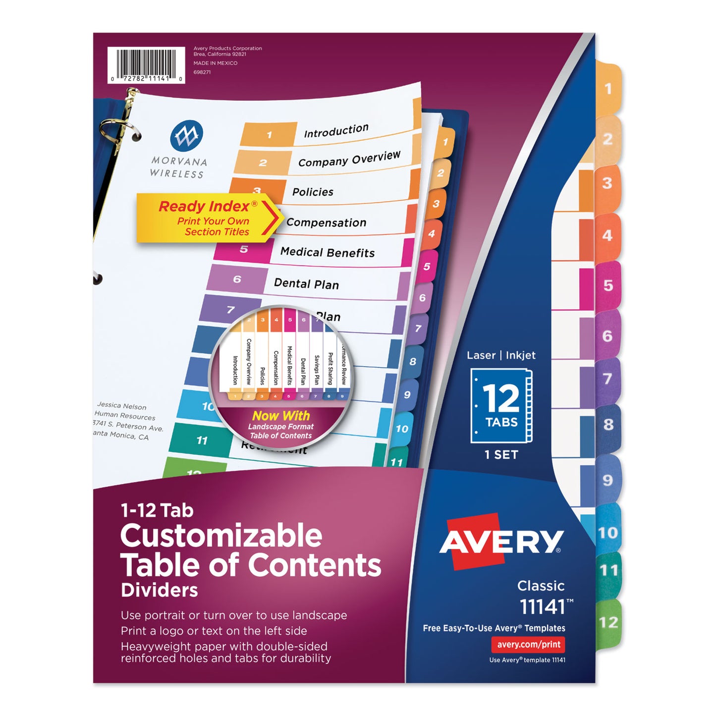 Avery Customizable TOC Ready Index Multicolor Tab Dividers, 12-Tab, 1 to 12, 11 x 8.5, White, Traditional Color Tabs, 1 Set (11141)