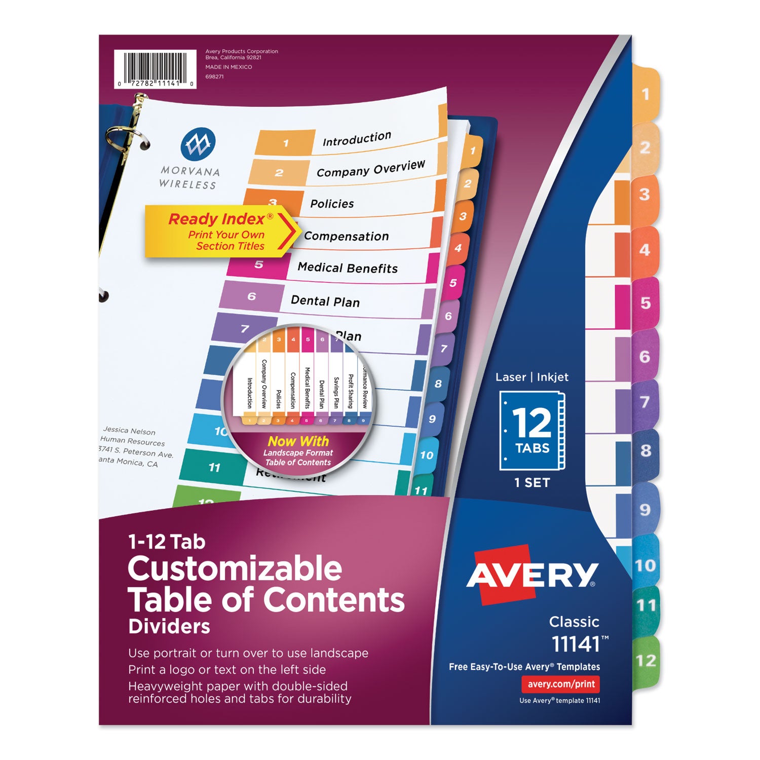 Avery Customizable TOC Ready Index Multicolor Tab Dividers, 12-Tab, 1 to 12, 11 x 8.5, White, Traditional Color Tabs, 1 Set (11141)