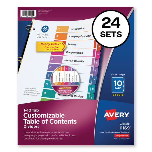 Avery Customizable TOC Ready Index Multicolor Tab Dividers, Uncollated, 10-Tab, 1 to 10, 11 x 8.5, White, 24 Sets (11169)