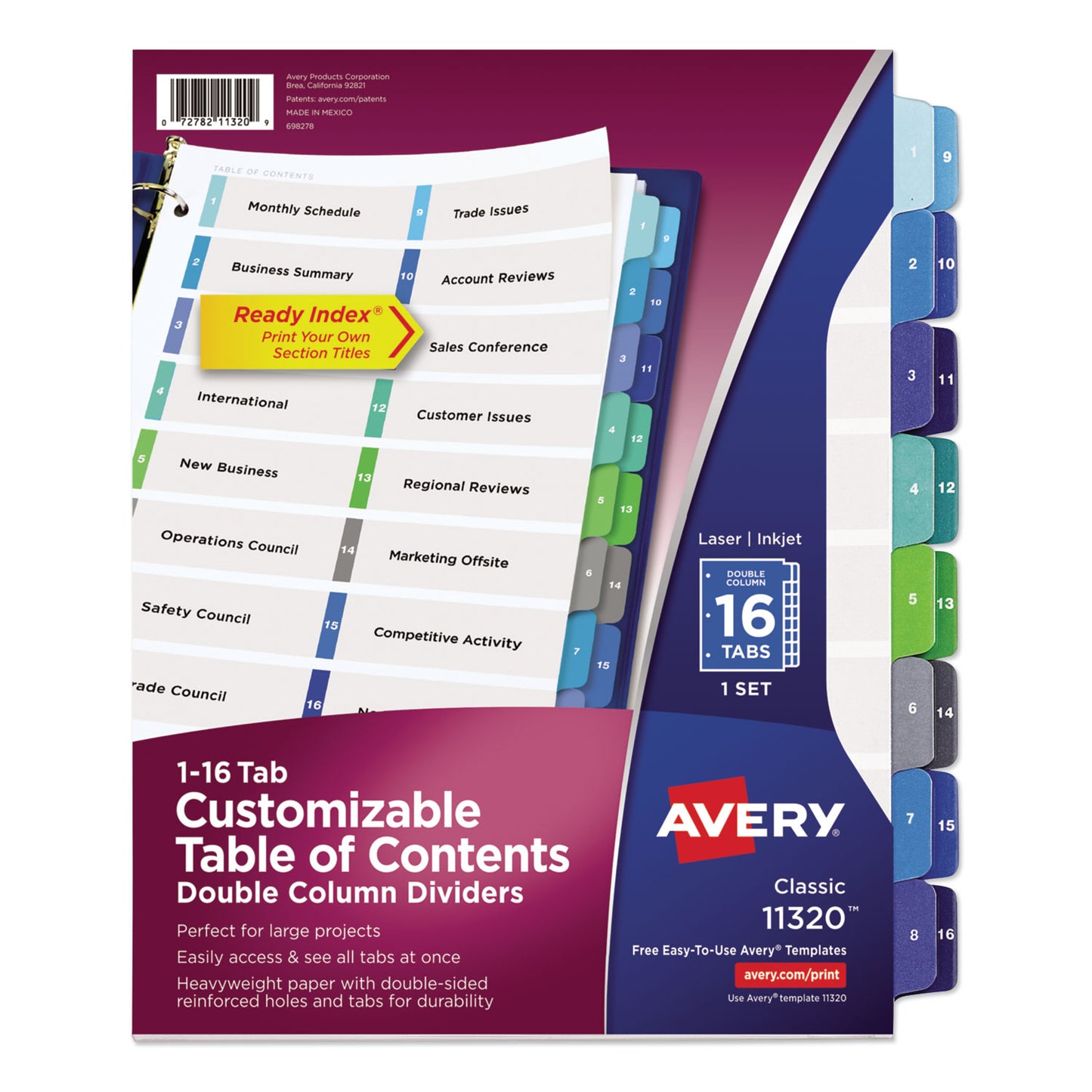 Avery Customizable TOC Ready Index Double Column Multicolor Tab Dividers, 16-Tab, 1 to 16, 11 x 8.5, White, 1 Set (11320)