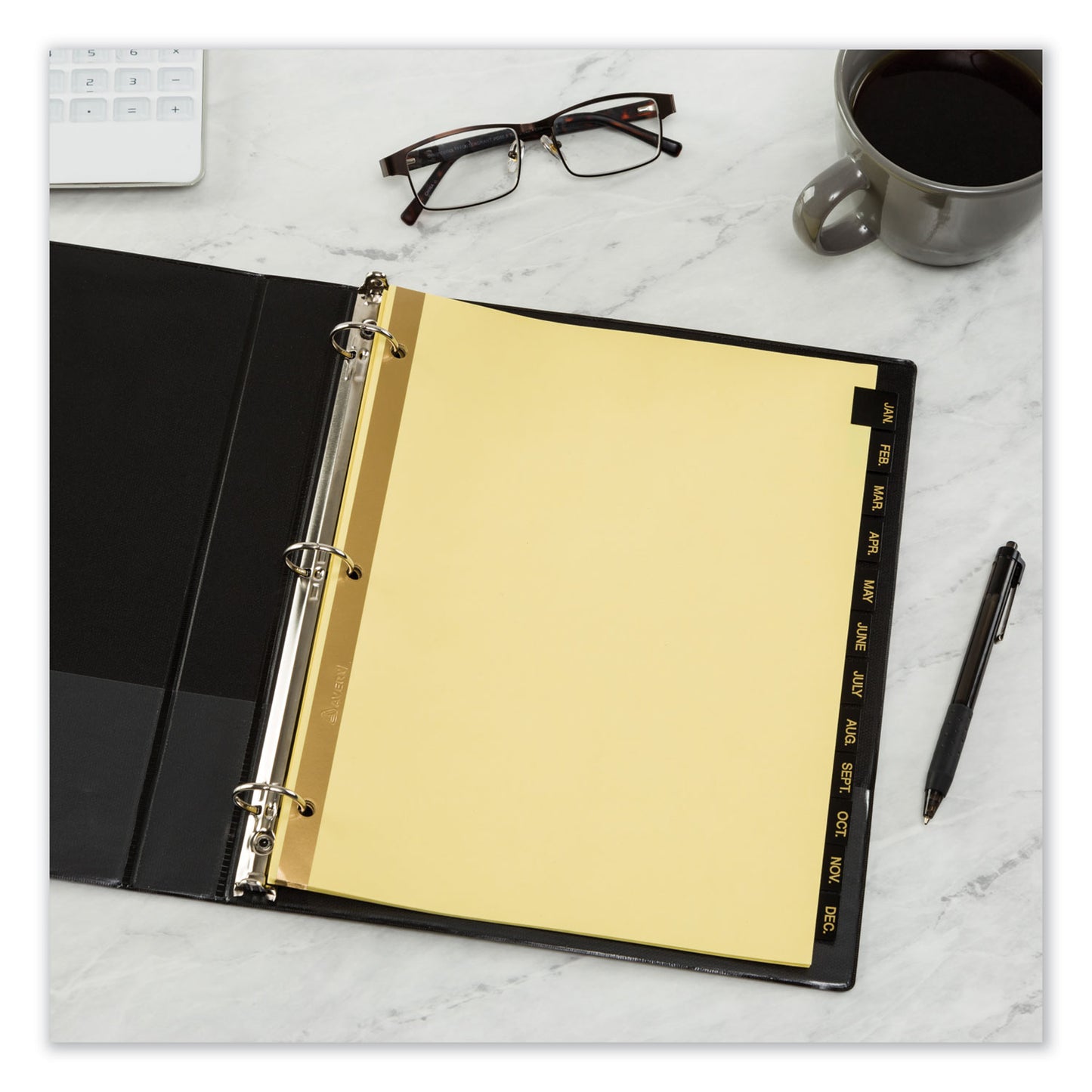 Avery Preprinted Black Leather Tab Dividers w/Gold Reinforced Edge, 12-Tab, Jan. to Dec., 11 x 8.5, Buff, 1 Set (11351)