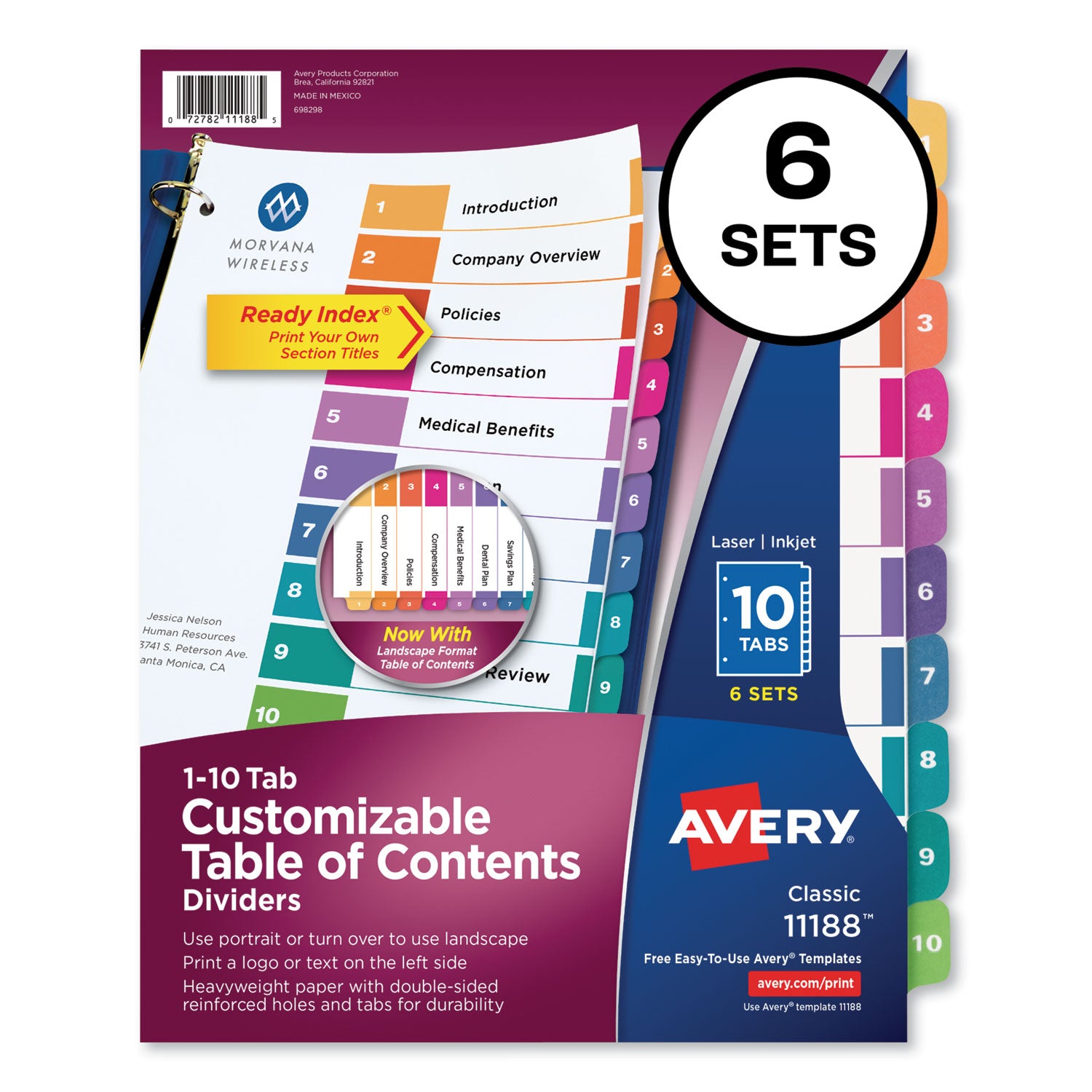 Avery Customizable TOC Ready Index Multicolor Tab Dividers, 10-Tab, 1 to 10, 11 x 8.5, White, Traditional Color Tabs, 6 Sets (11188)