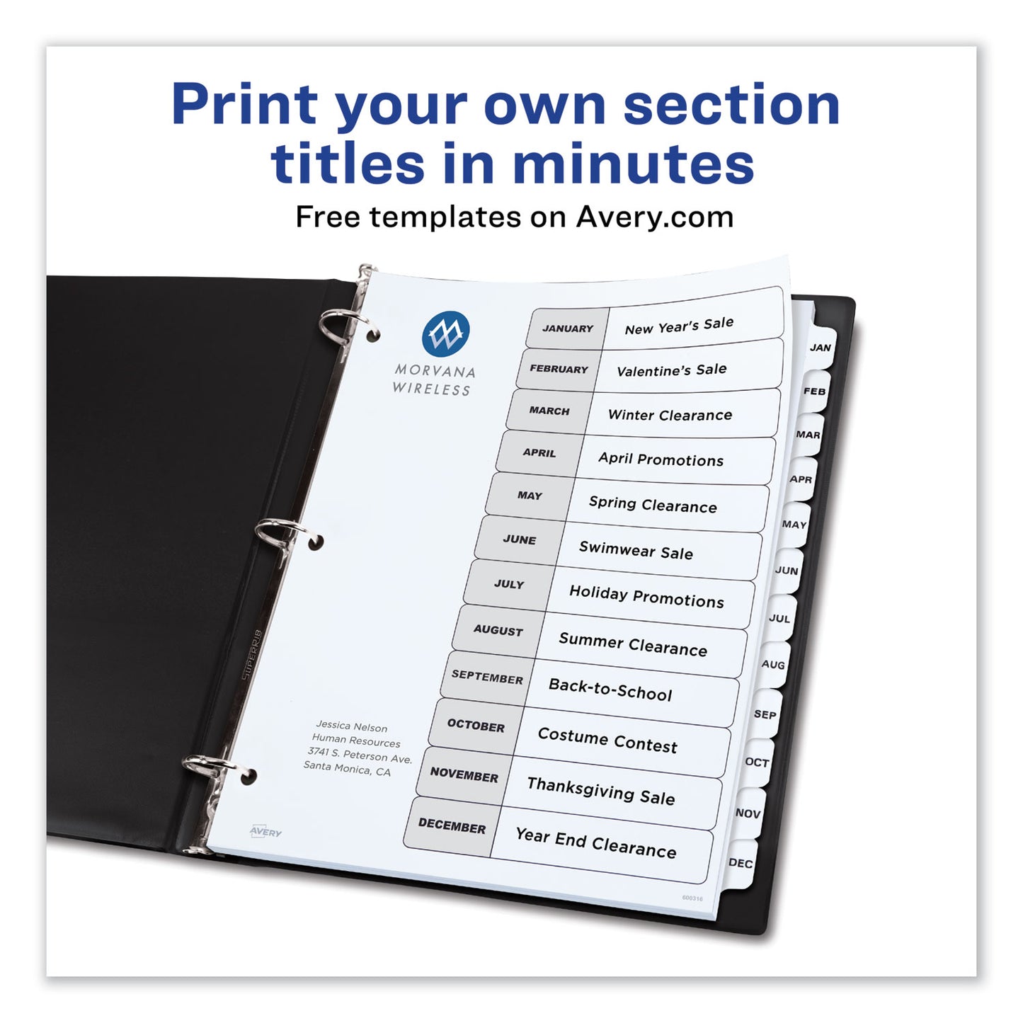 Avery Customizable TOC Ready Index Black and White Dividers, 12-Tab, Jan. to Dec., 11 x 8.5, 1 Set (11126)