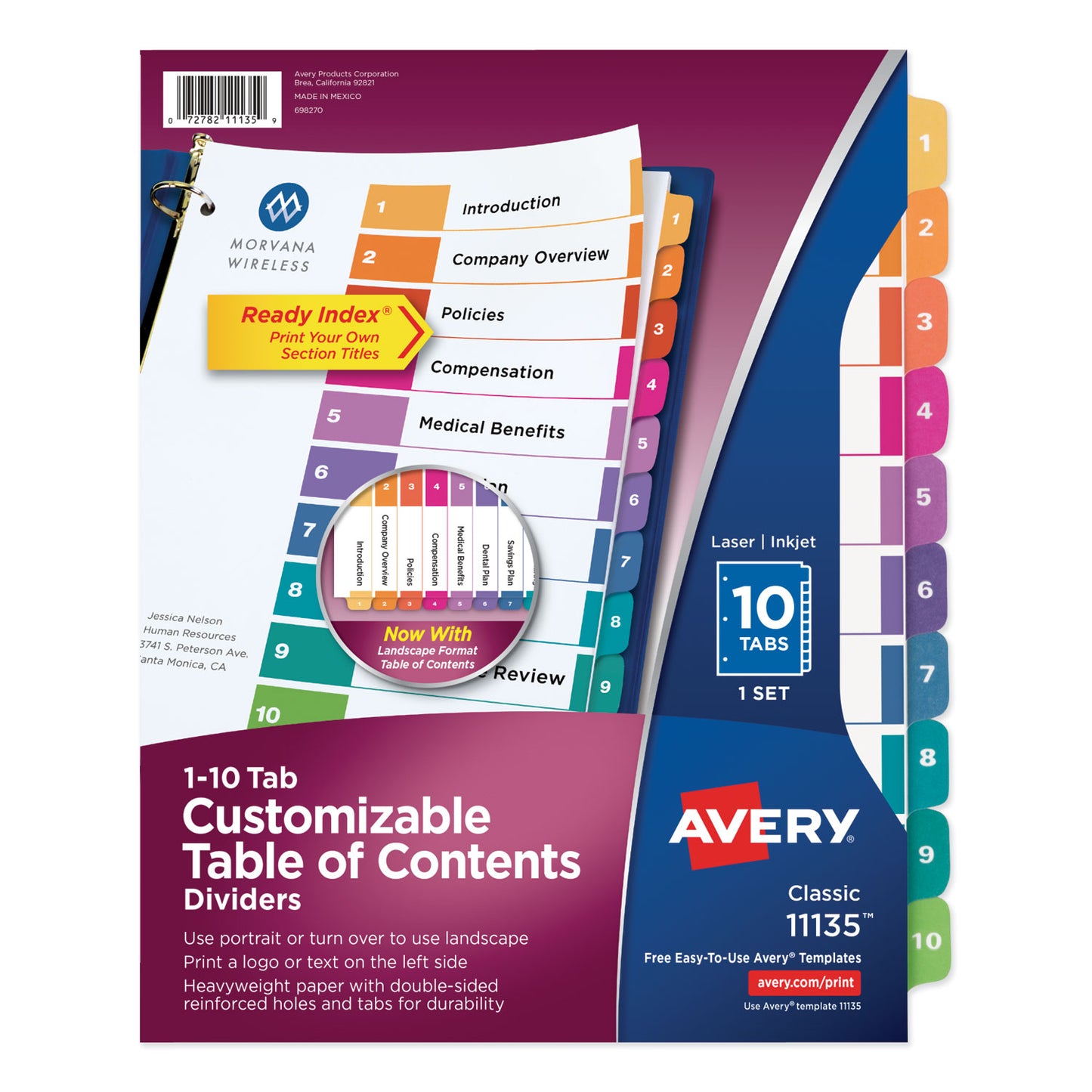 Avery Customizable TOC Ready Index Multicolor Tab Dividers, 10-Tab, 1 to 10, 11 x 8.5, White, Traditional Color Tabs, 1 Set (11135)