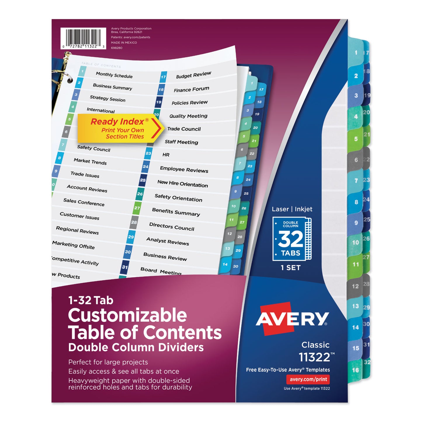 Avery Customizable TOC Ready Index Double Column Multicolor Tab Dividers, 32-Tab, 1 to 32, 11 x 8.5, White, 1 Set (11322)