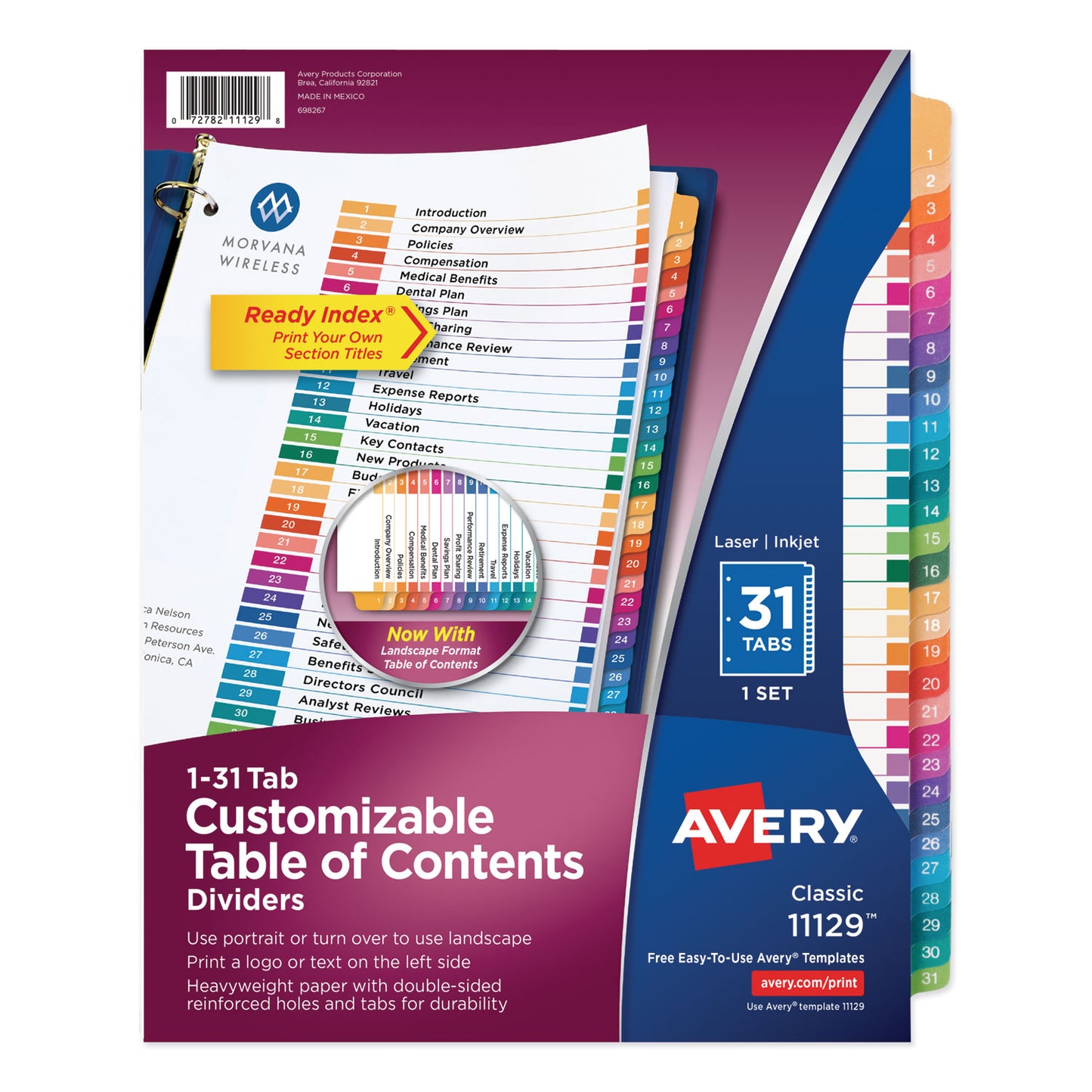 Avery Customizable TOC Ready Index Multicolor Tab Dividers, 31-Tab, 1 to 31, 11 x 8.5, White, Traditional Color Tabs, 1 Set (11129)