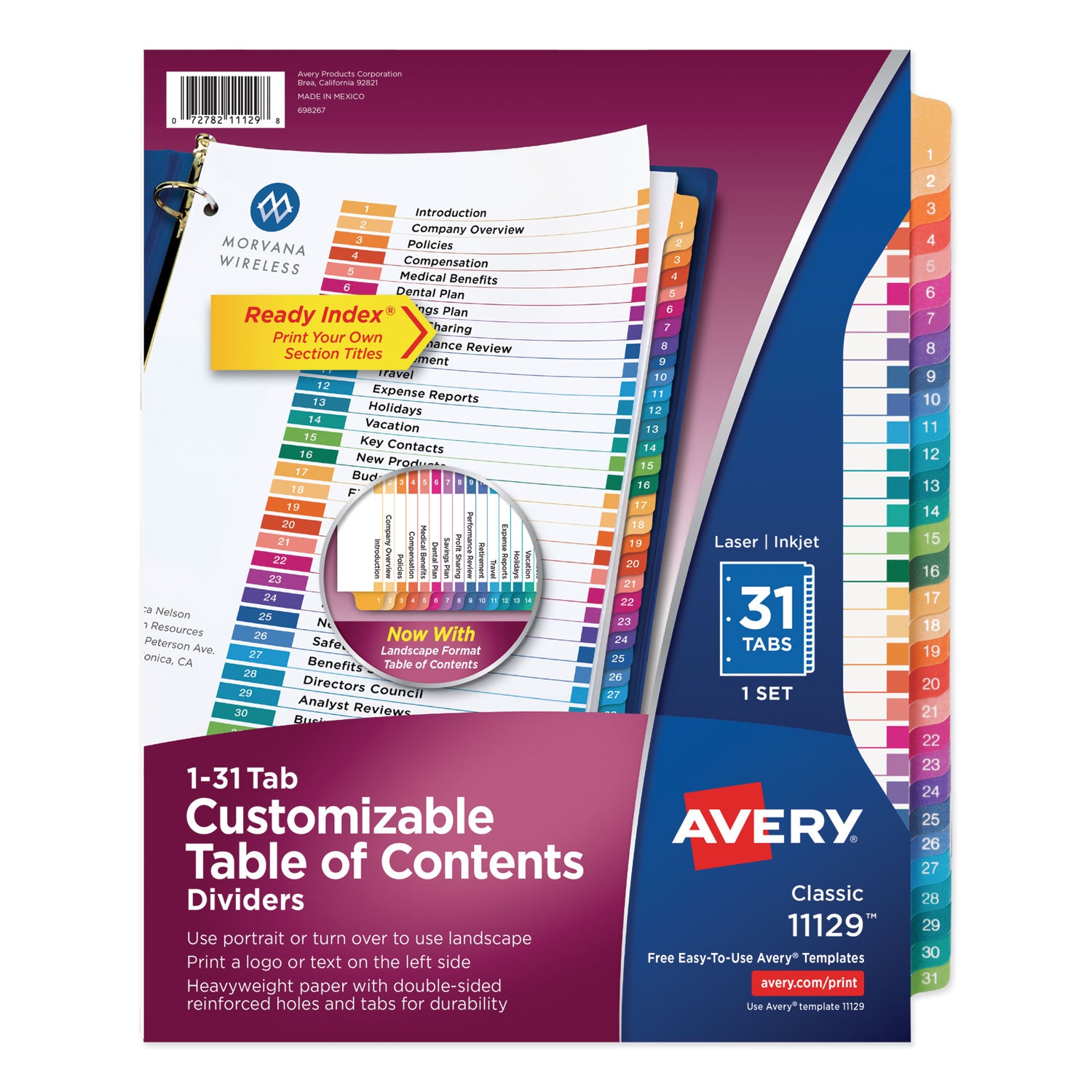 Avery Customizable TOC Ready Index Multicolor Tab Dividers, 31-Tab, 1 to 31, 11 x 8.5, White, Traditional Color Tabs, 1 Set (11129)