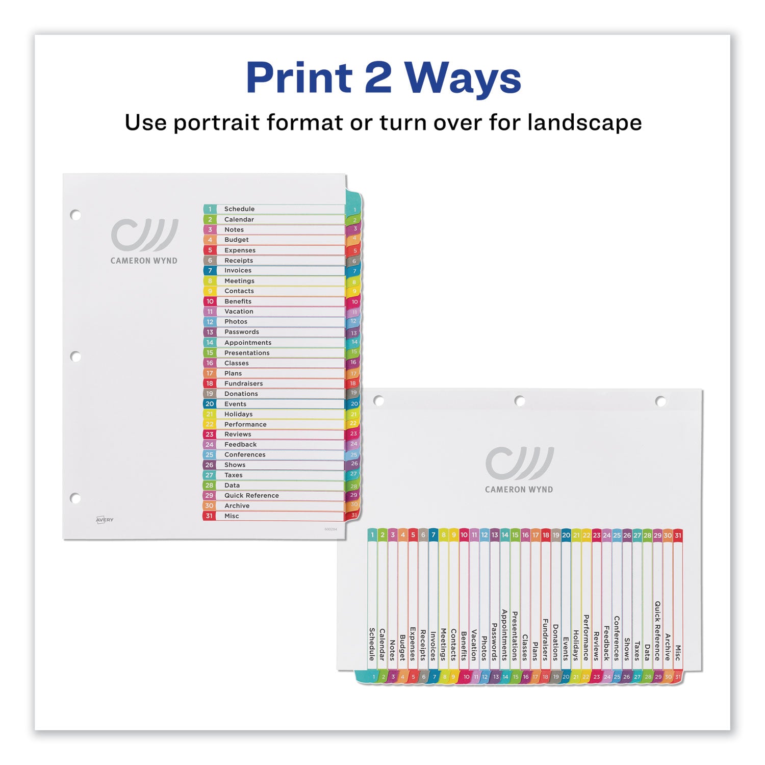 Avery Customizable TOC Ready Index Multicolor Tab Dividers, 31-Tab, 1 to 31, 11 x 8.5, White, Contemporary Color Tabs, 1 Set (11846)