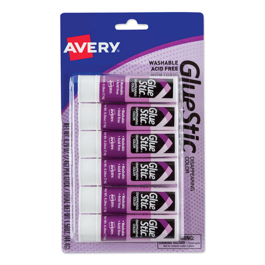 Avery Permanent Glue Stic Value Pack, 0.26 oz, Applies Purple, Dries Clear, 6/Pack (98096)