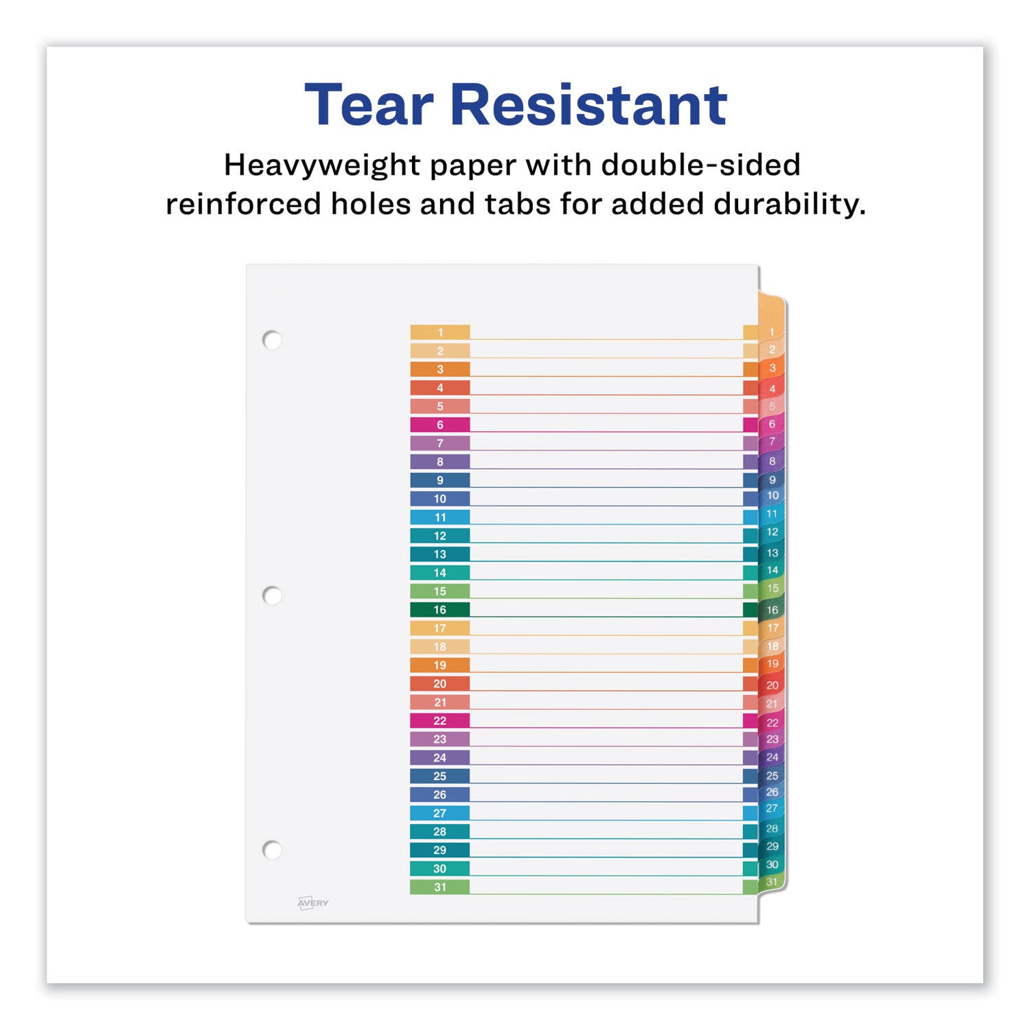 Avery Customizable TOC Ready Index Multicolor Tab Dividers, 31-Tab, 1 to 31, 11 x 8.5, White, Traditional Color Tabs, 1 Set (11129)