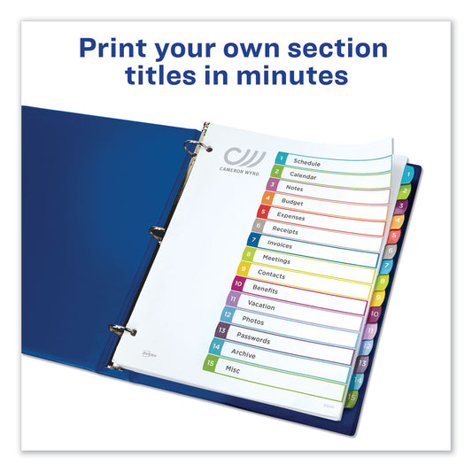 Avery Customizable TOC Ready Index Multicolor Tab Dividers, 15-Tab, 1 to 15, 11 x 8.5, White, Contemporary Color Tabs, 1 Set (11845)