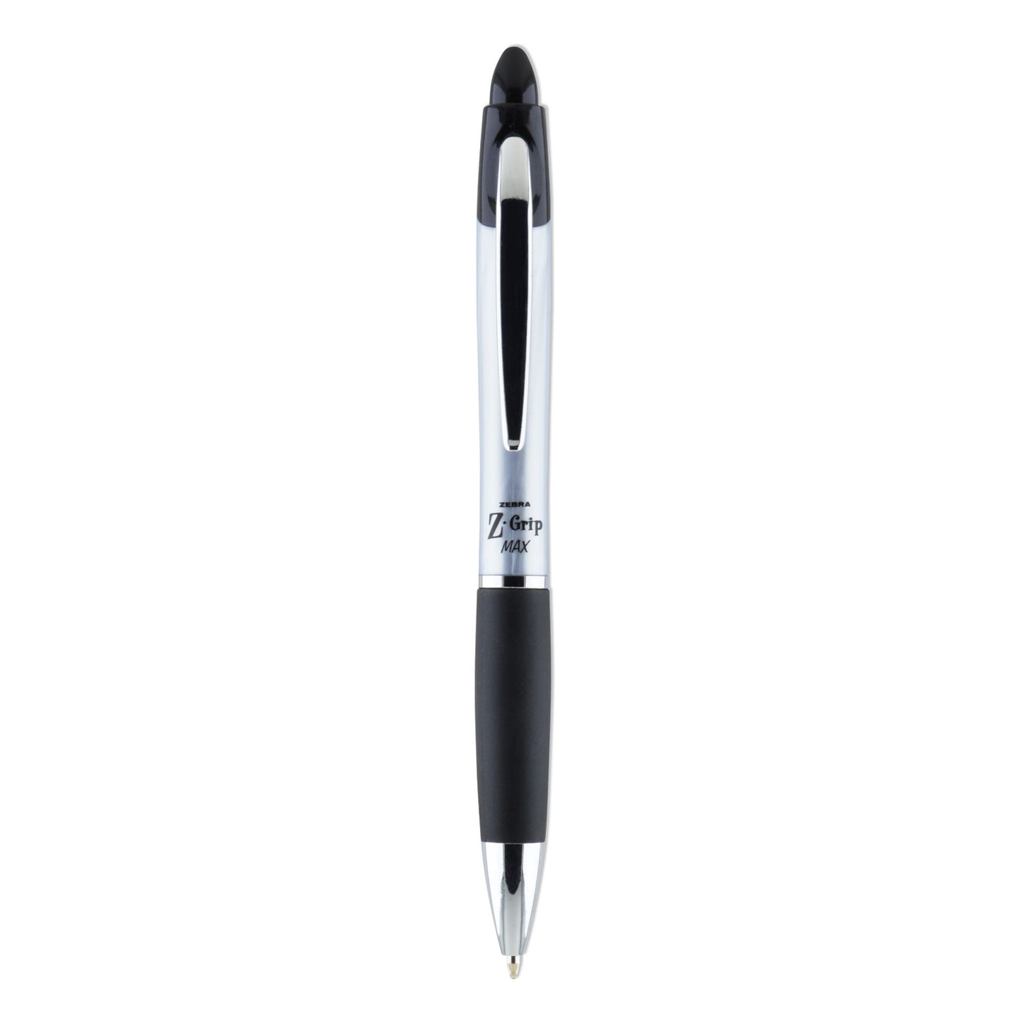 Zebra Z-Grip MAX Ballpoint Pen, Retractable, Medium 1 mm, Black Ink, Silver/Black Barrel, 12/Pack (22410)