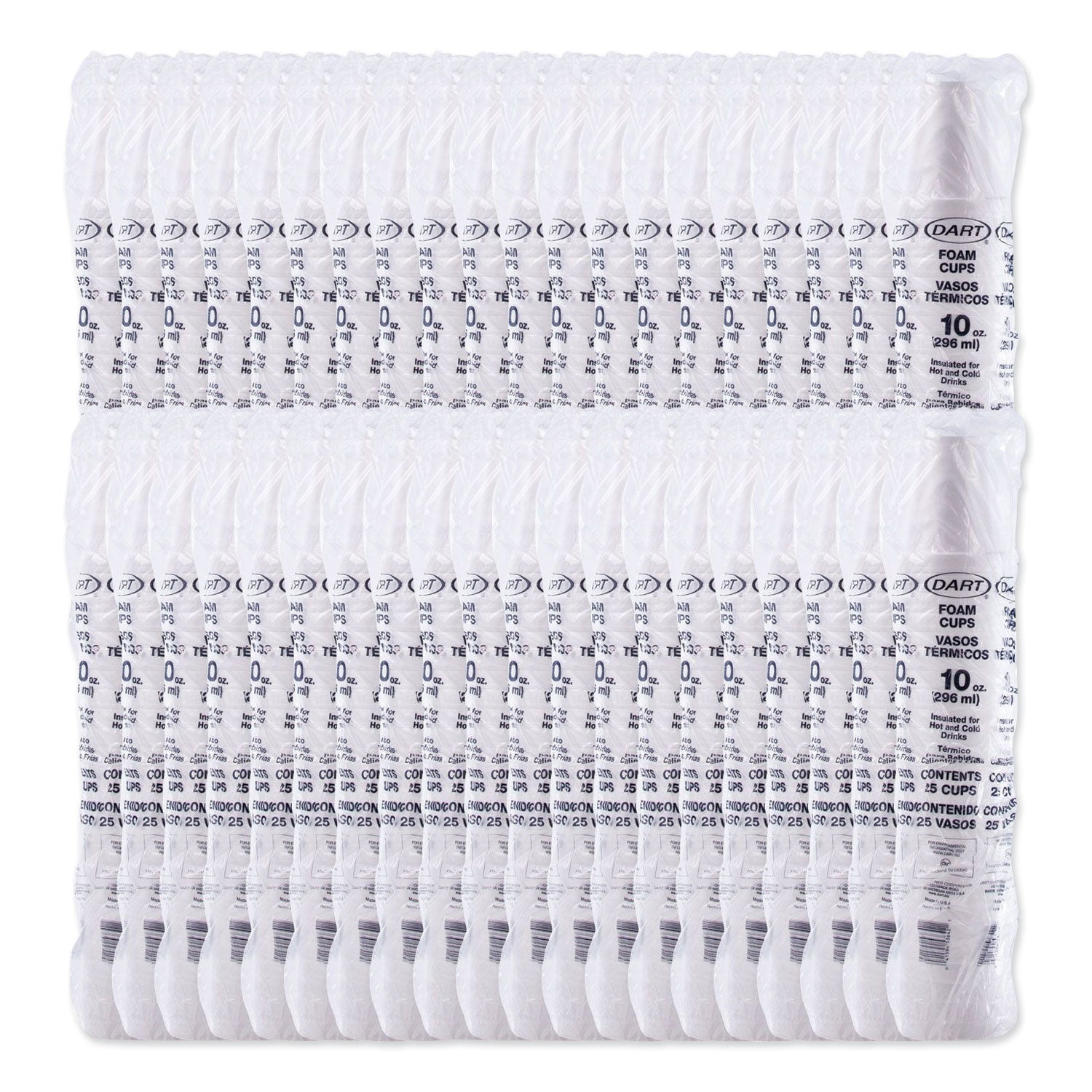 Dart Foam Drink Cups, 10 oz, White, 25/Bag, 40 Bags/Carton (10J10)