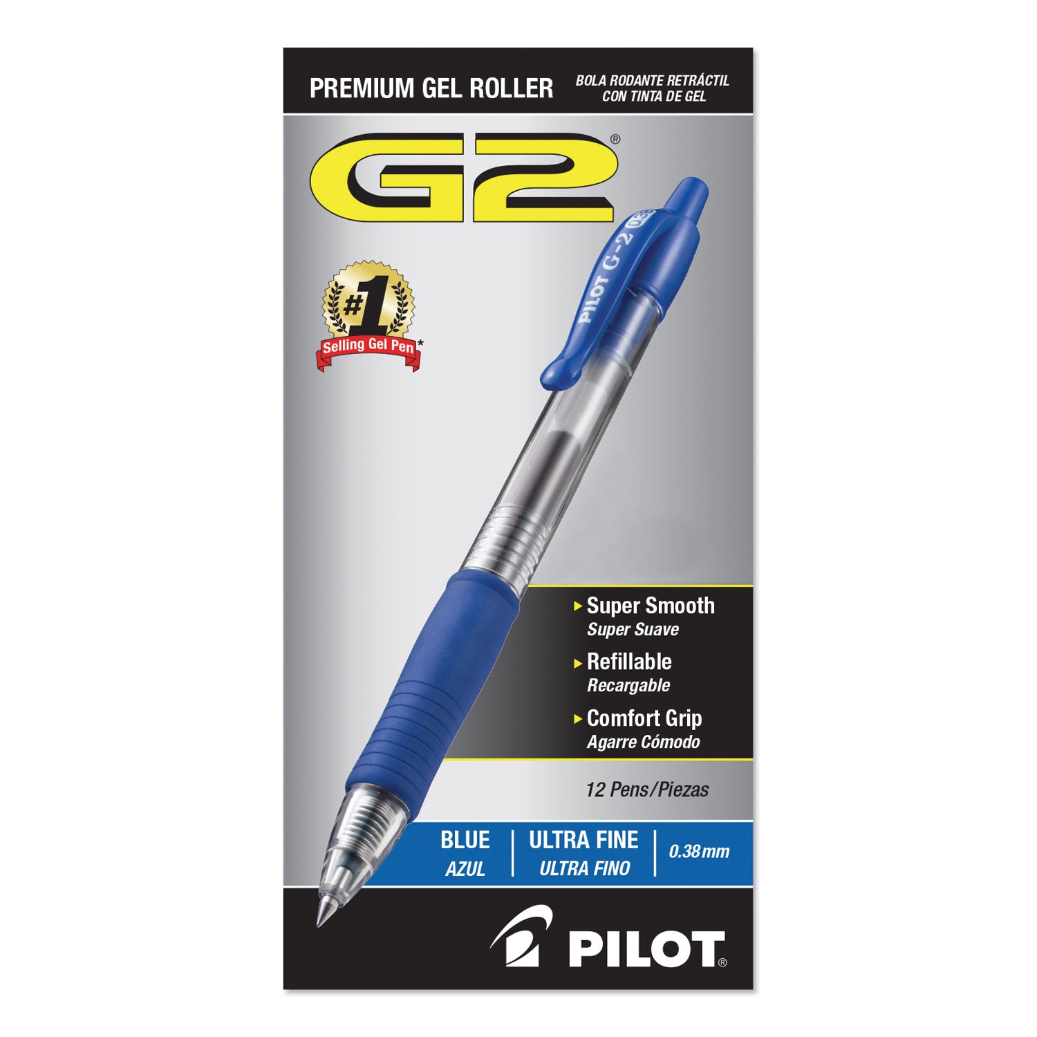 Pilot G2 Premium Gel Pen Convenience Pack, Retractable, Extra-Fine 0.38 mm, Blue Ink, Smoke/Blue Barrel, Dozen (31278)