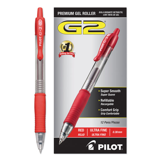 Pilot G2 Premium Gel Pen Convenience Pack, Retractable, Extra-Fine 0.38 mm, Red Ink, Smoke/Red Barrel (31279)