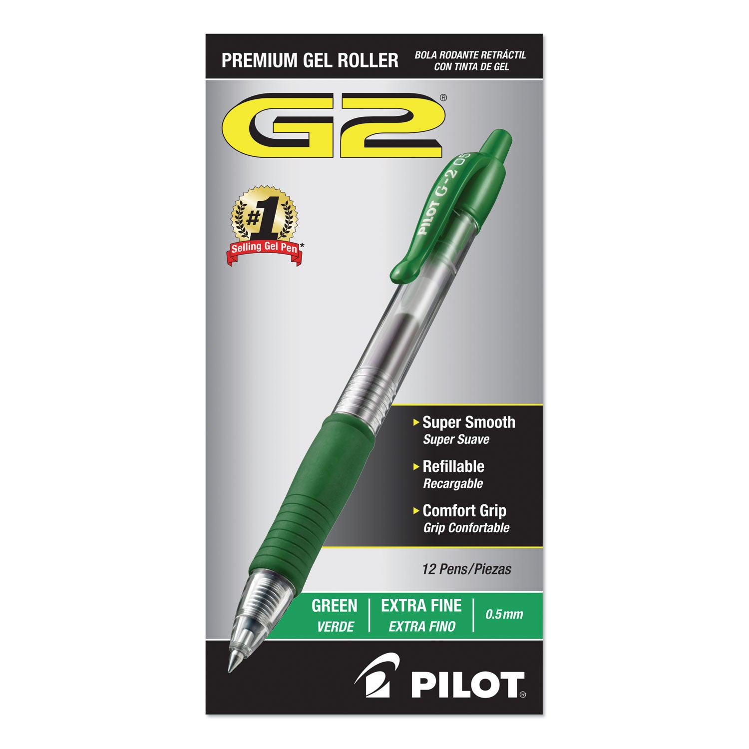 Pilot G2 Premium Gel Pen, Retractable, Extra-Fine 0.5 mm, Green Ink, Smoke/Green Barrel, Dozen (31005)