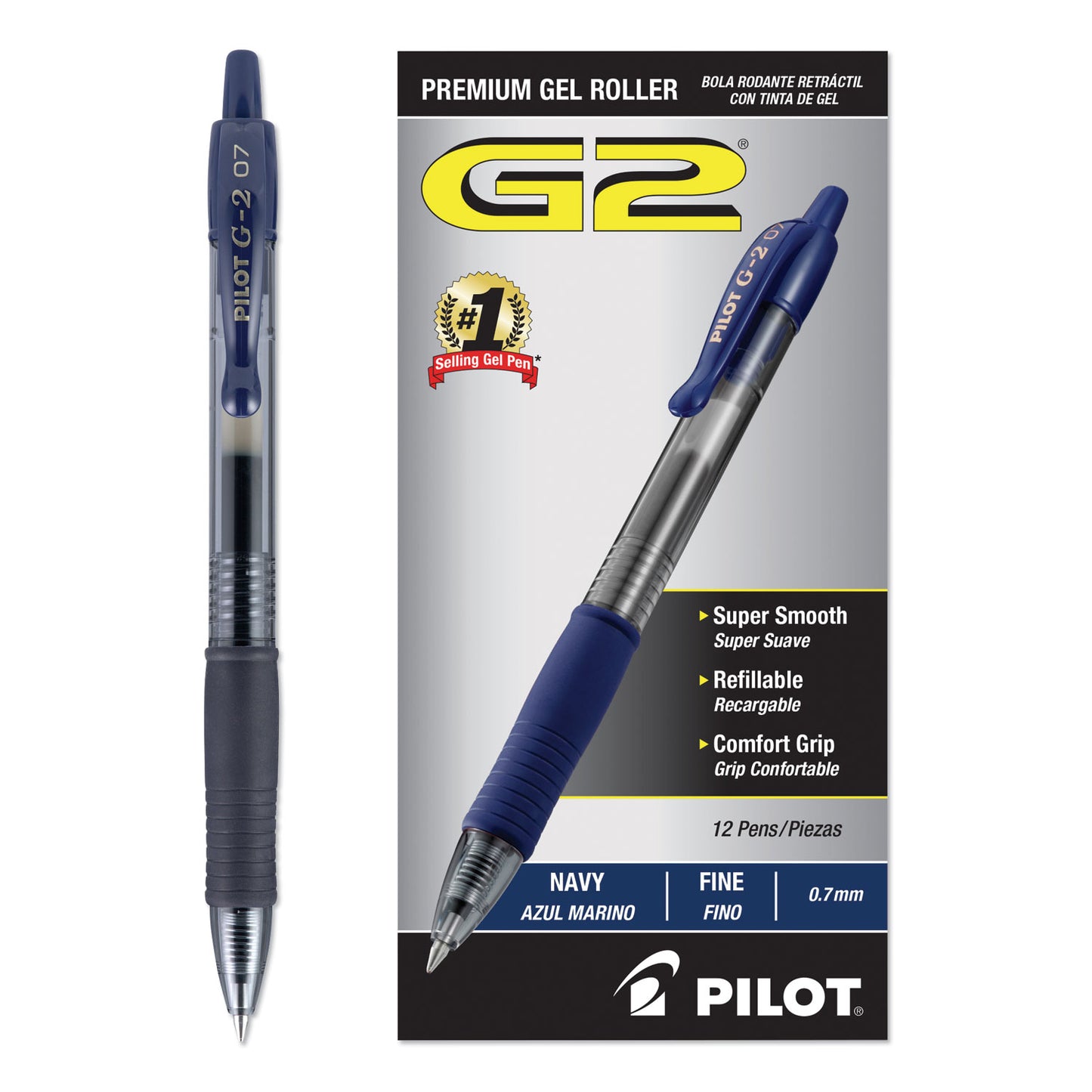 Pilot G2 Premium Gel Pen, Retractable, Fine 0.7 mm, Navy Blue Ink, Smoke/Blue Barrel, Dozen (31187)