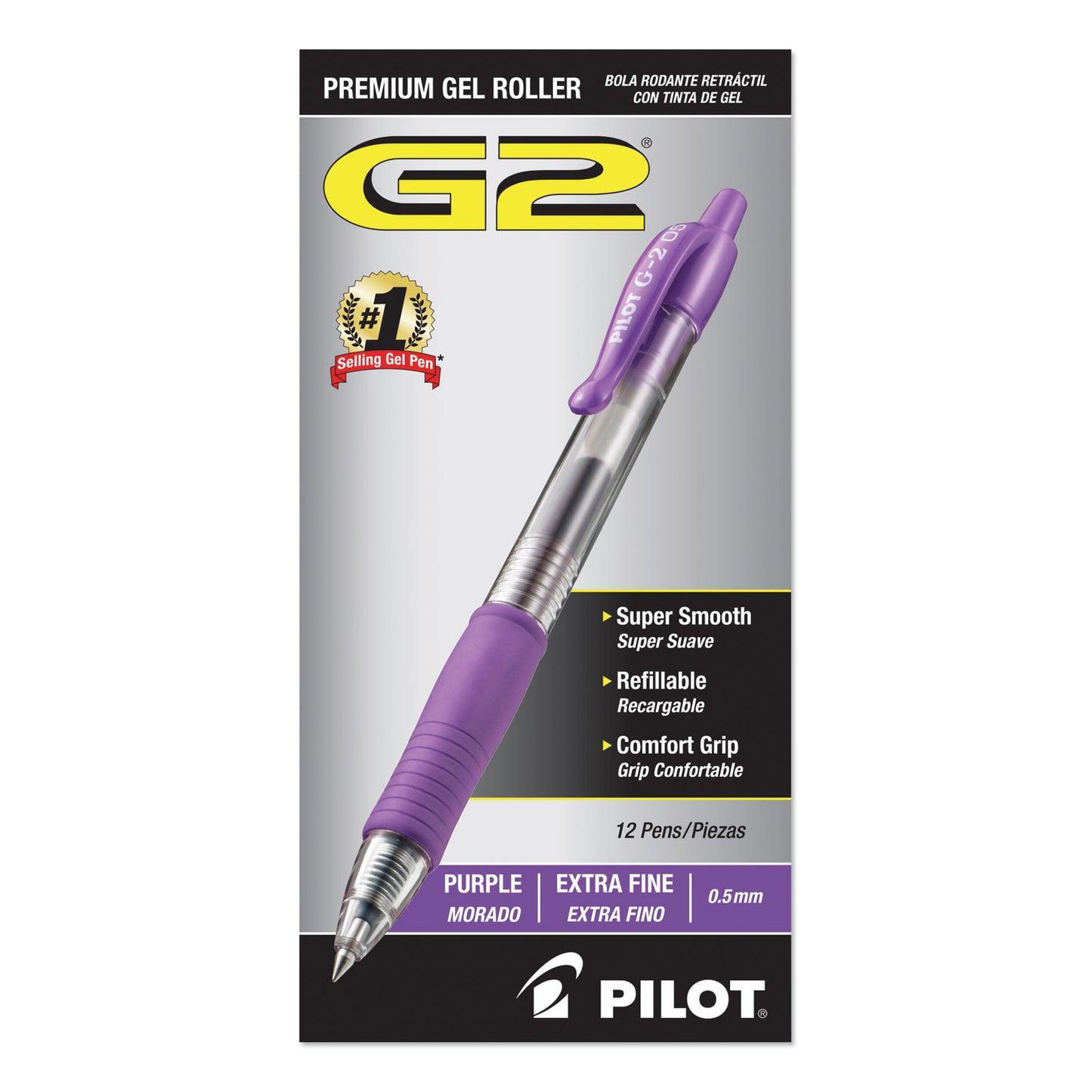 Pilot G2 Premium Gel Pen, Retractable, Extra-Fine 0.5 mm, Purple Ink, Smoke/Purple Barrel, Dozen (31006)