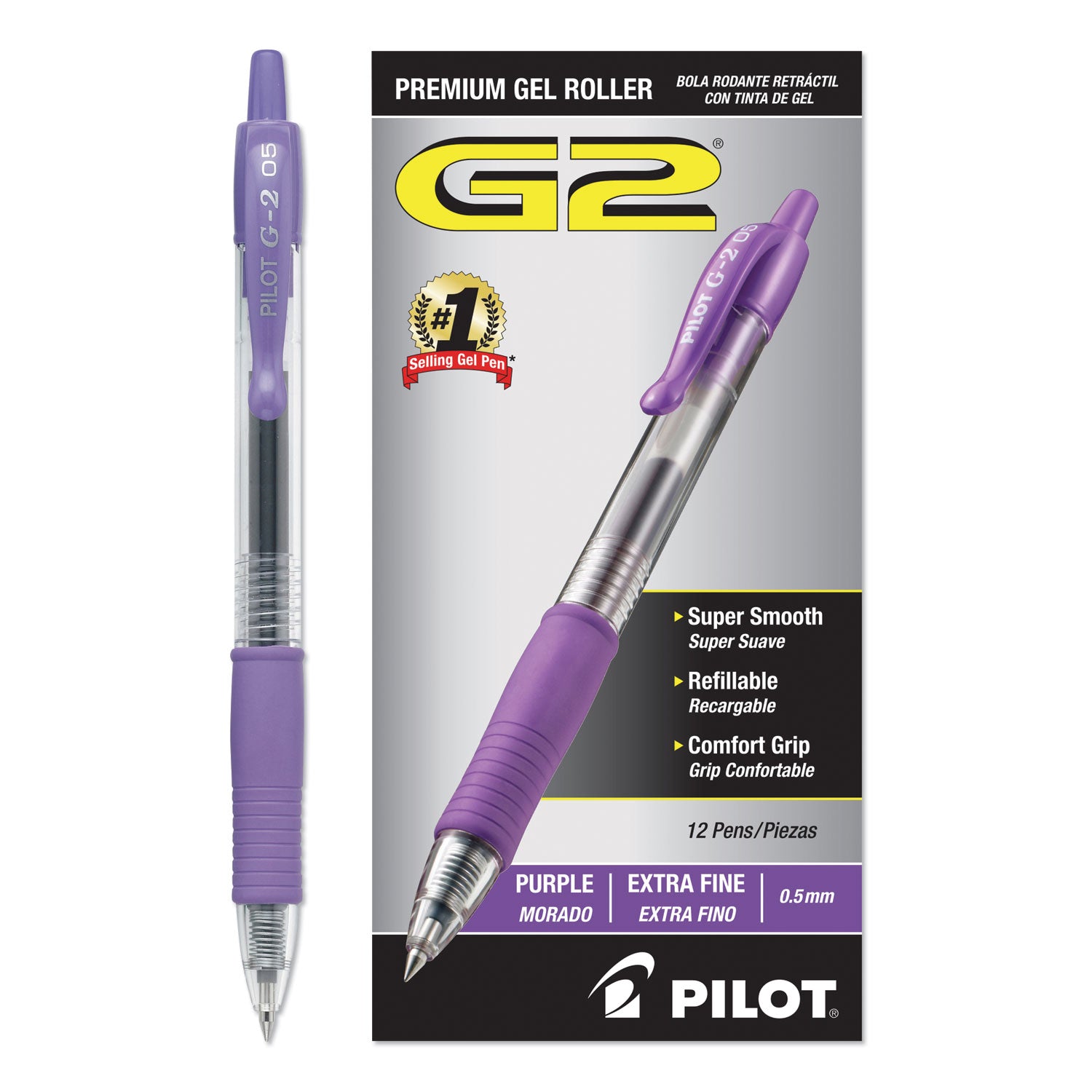 Pilot G2 Premium Gel Pen, Retractable, Extra-Fine 0.5 mm, Purple Ink, Smoke/Purple Barrel, Dozen (31006)