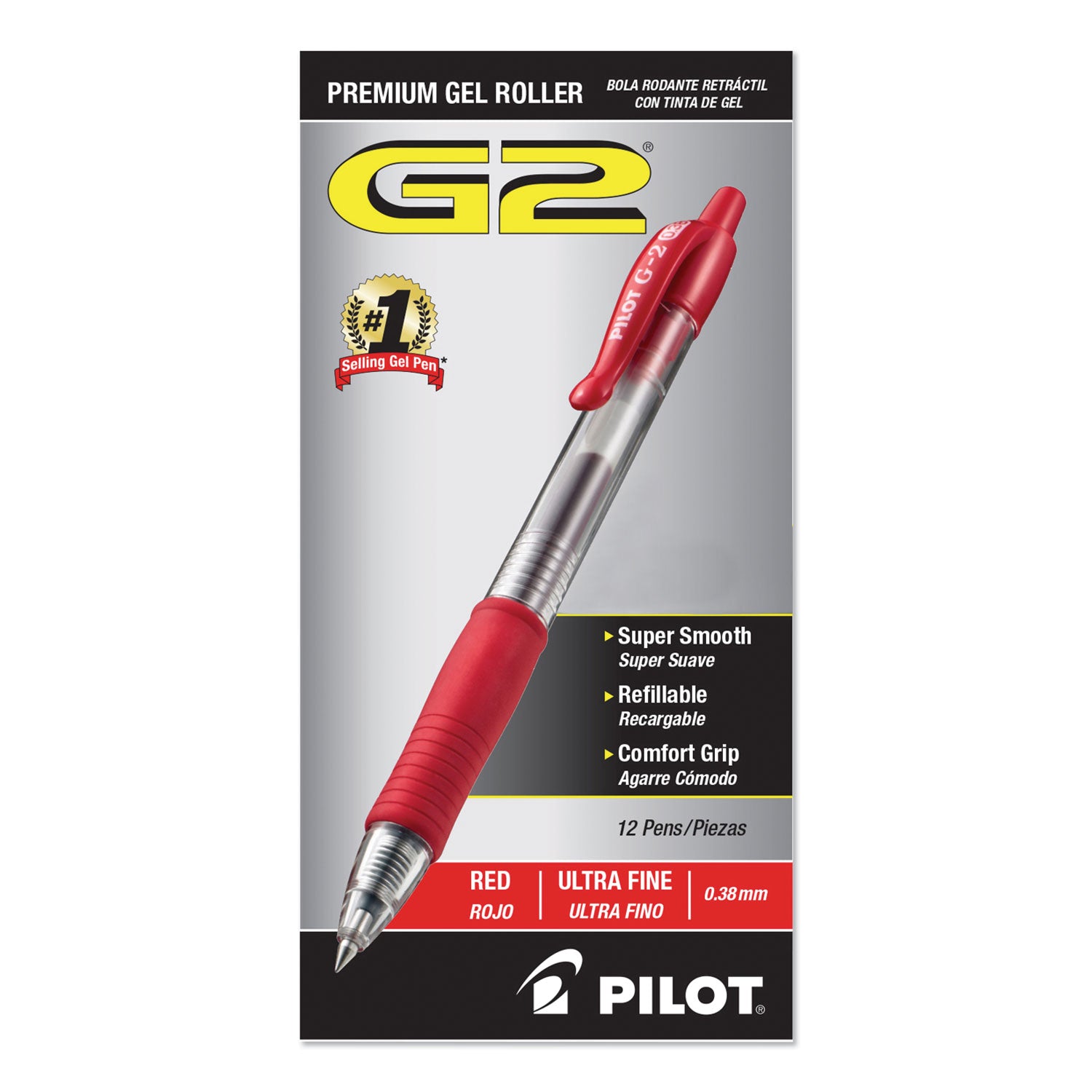 Pilot G2 Premium Gel Pen Convenience Pack, Retractable, Extra-Fine 0.38 mm, Red Ink, Smoke/Red Barrel (31279)