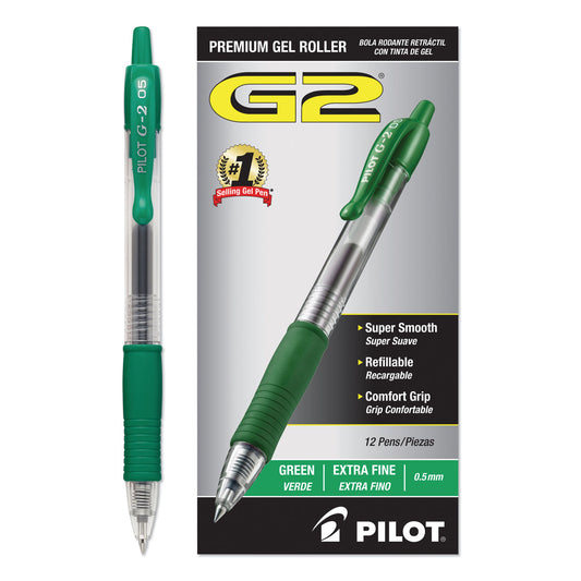 Pilot G2 Premium Gel Pen, Retractable, Extra-Fine 0.5 mm, Green Ink, Smoke/Green Barrel, Dozen (31005)