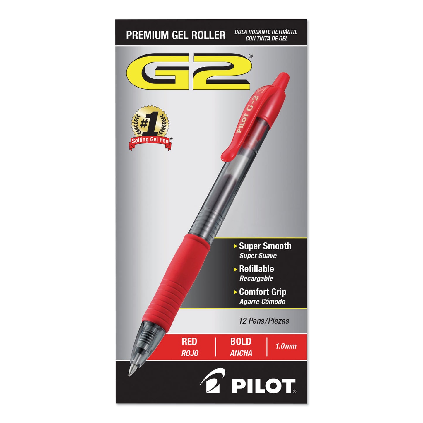 Pilot G2 Premium Gel Pen, Retractable, Bold 1 mm, Red Ink, Smoke/Red Barrel, Dozen (31258)