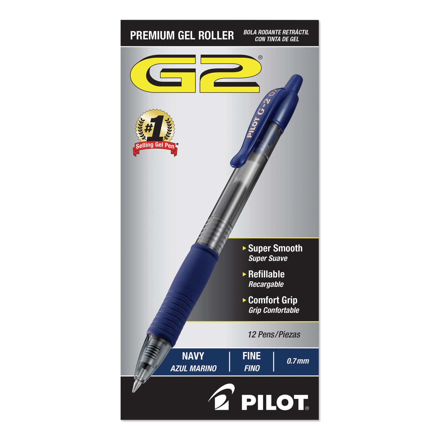 Pilot G2 Premium Gel Pen, Retractable, Fine 0.7 mm, Navy Blue Ink, Smoke/Blue Barrel, Dozen (31187)