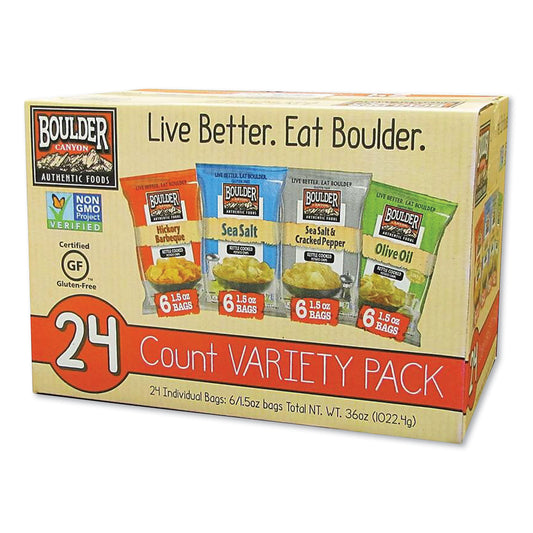 Boulder Canyon Chips Variety Pack, Hickory Barbeque, Sea Salt, Sea Salt and Cracked Pepper, Olive Oil, 1.5 oz, 24/Carton (PBR12283)