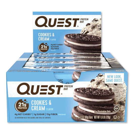 Quest Protein Bars, Cookies and Cream, 2.12 oz Bar, 12 Bars/Box (00018)