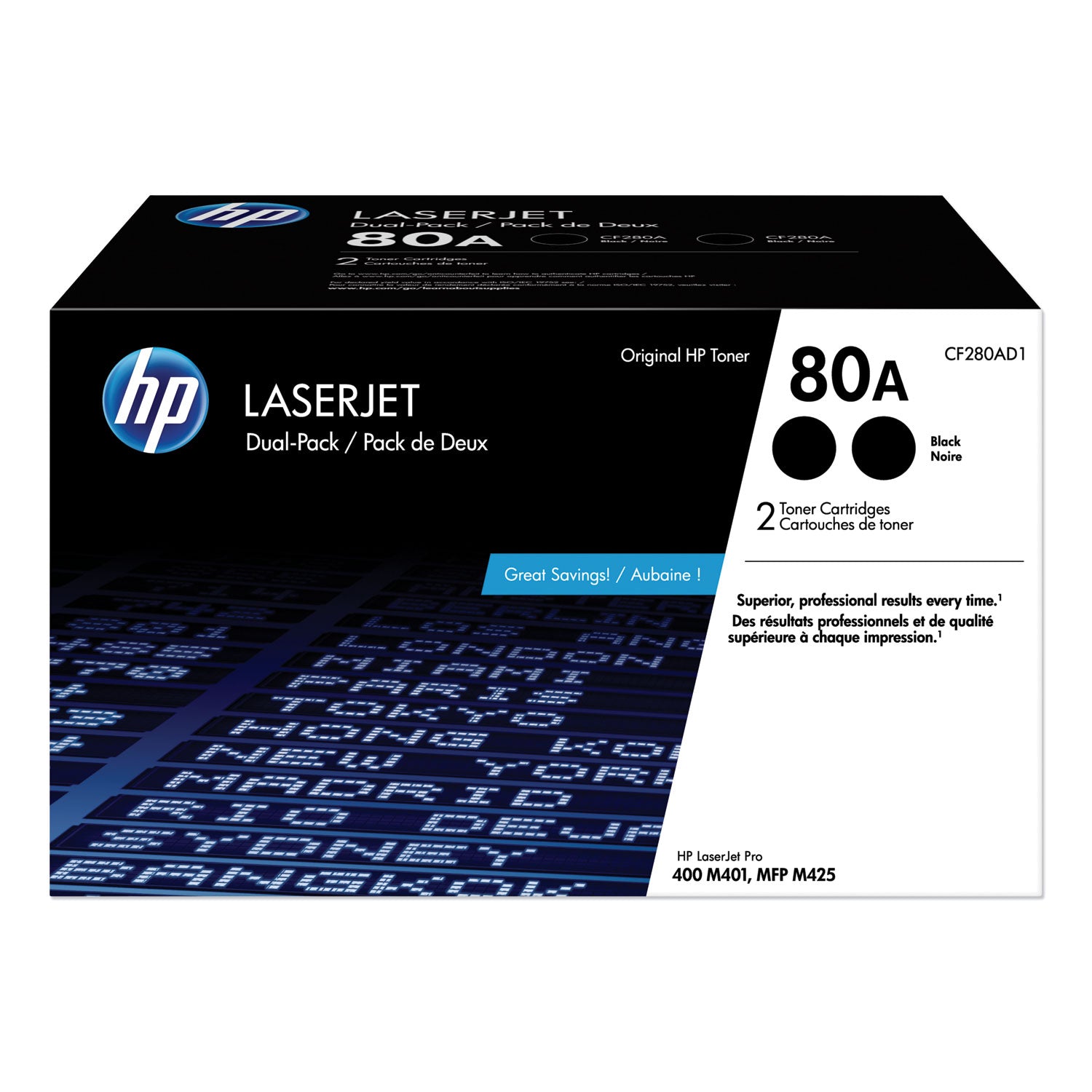 HP 80A, (CF280A-D) 2-Pack Black Original LaserJet Toner Cartridges (CF280AD1)