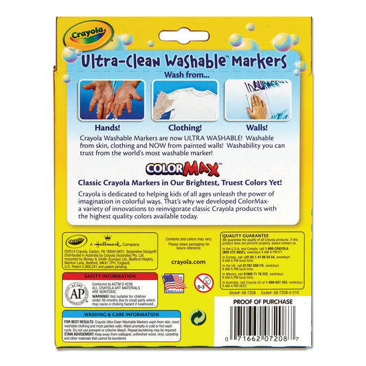 Crayola Ultra-Clean Washable Markers, Fine/Broad Wedge/Chisel Tips, Assorted Colors, 8/Box (587208)