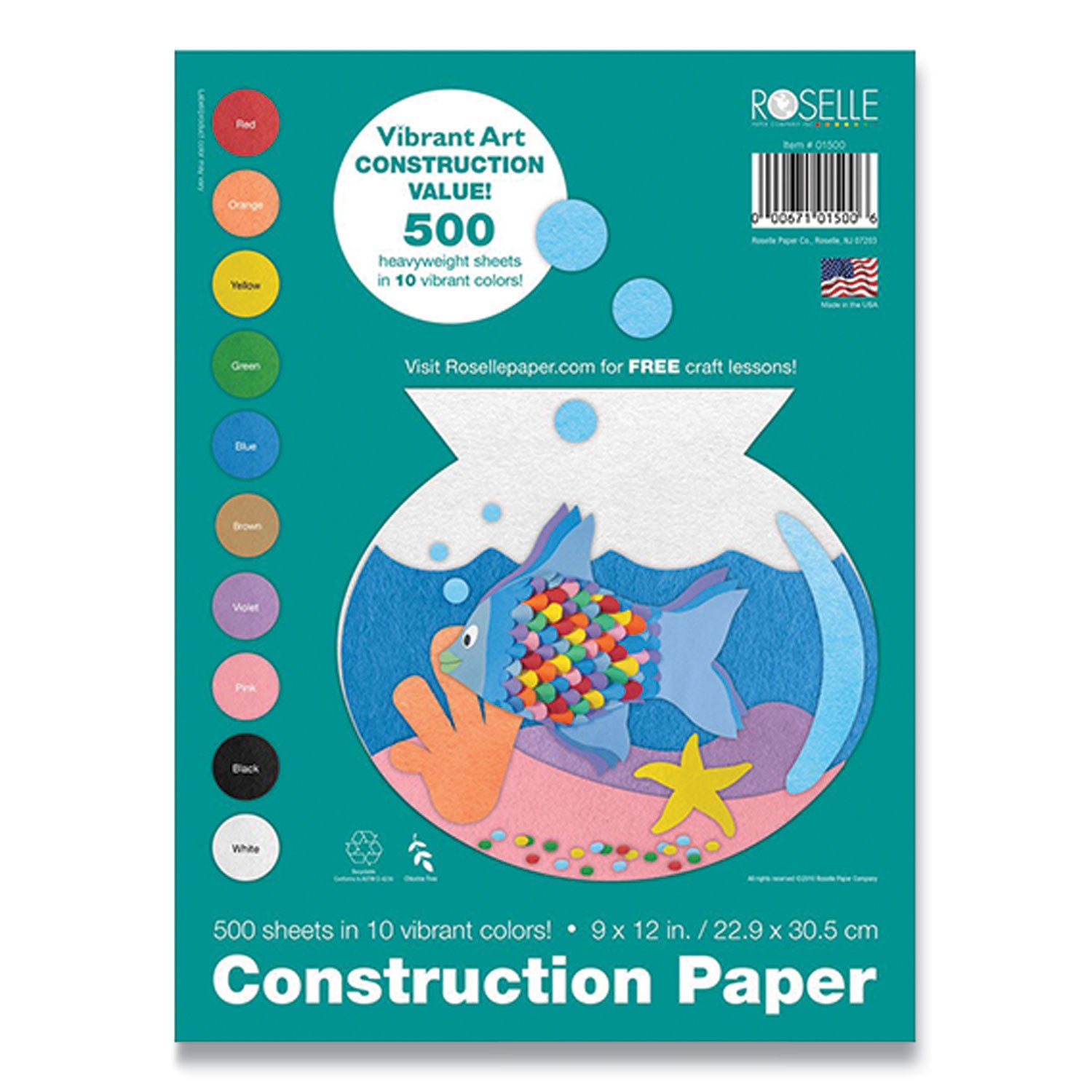 Roselle Vibrant Art Heavyweight Construction Paper, 76 lb Text Weight, 9 x 12, Assorted Colors, 500/Pack (CON01500)