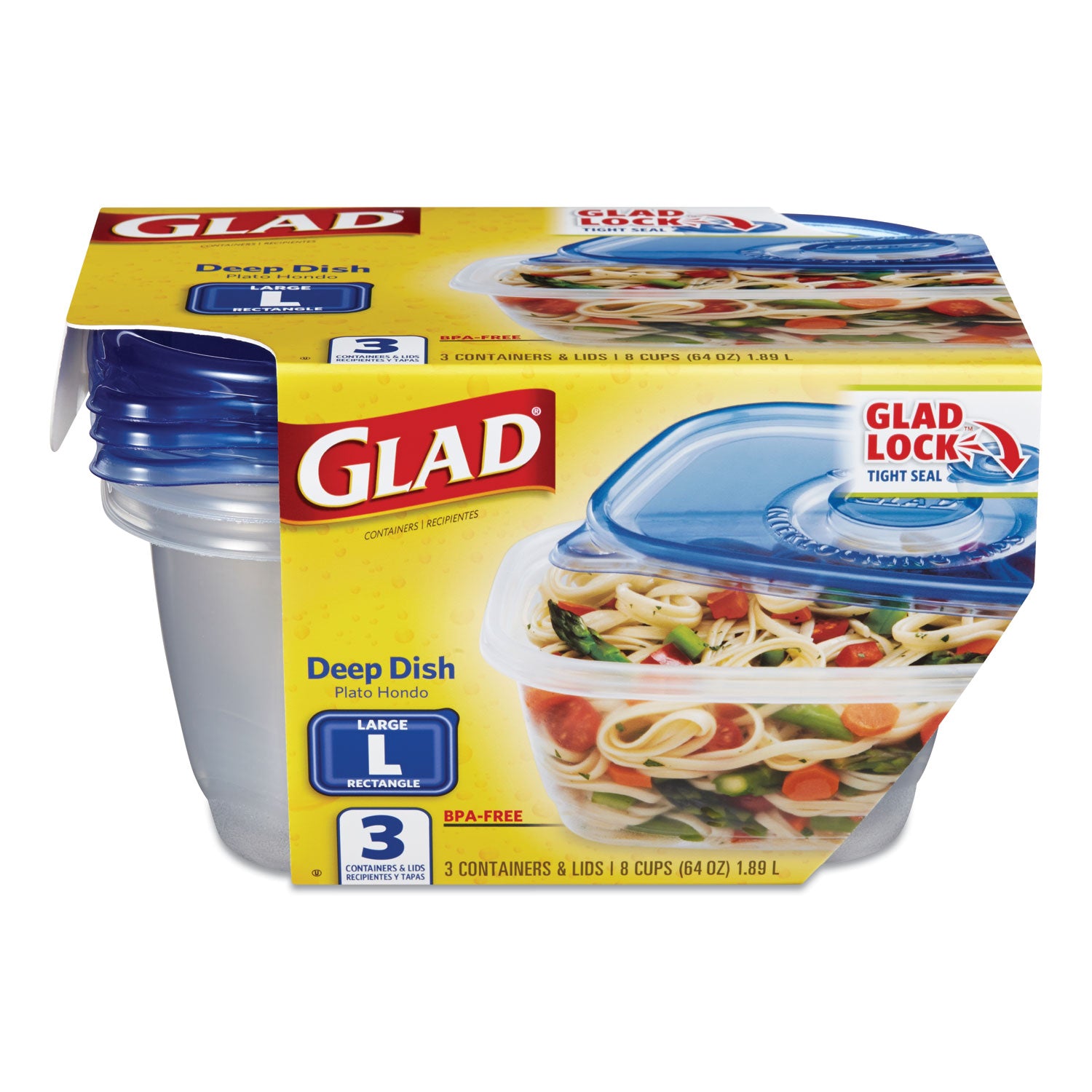 Glad Deep Dish Food Storage Containers, 64 oz, Plastic, 3/Pack (70045PK)